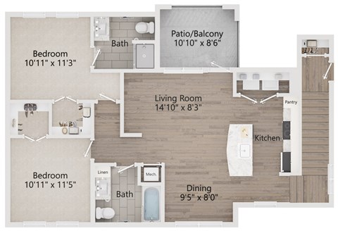 Floor plan for 2 beds, 2 baths, 1057 sqft
